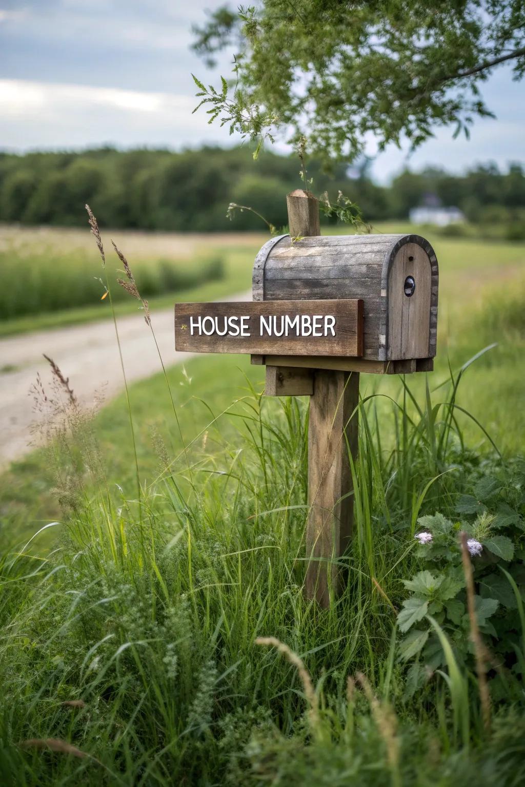 Mailbox with a personalized rustic signpost.