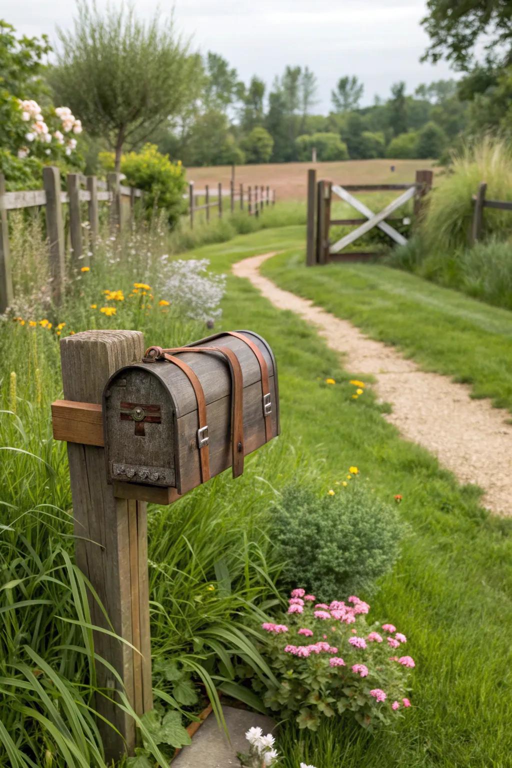 Mailbox enhanced with rugged leather straps.