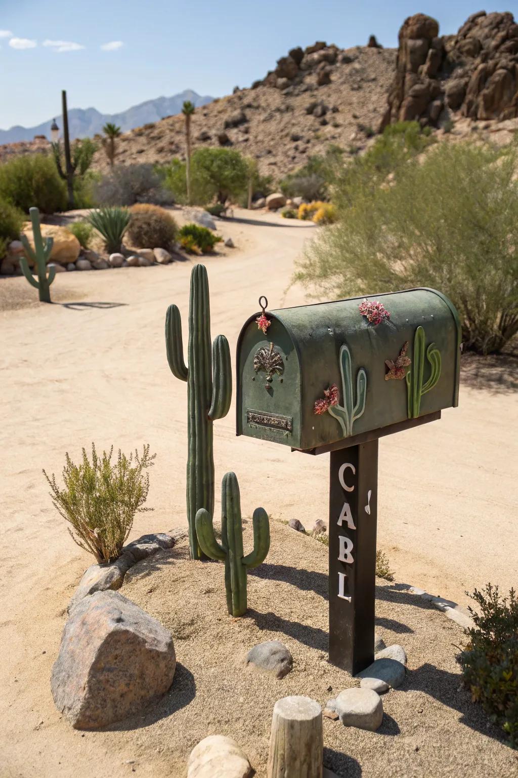 Mailbox adorned with metal cacti designs.