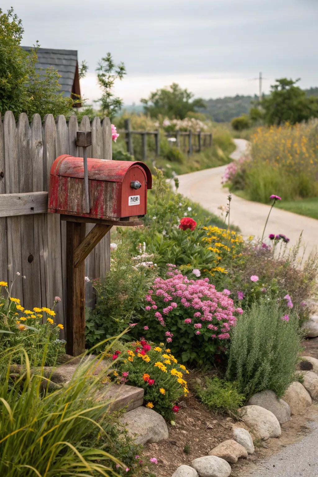 Mailbox surrounded by vibrant flowers and natural elements.