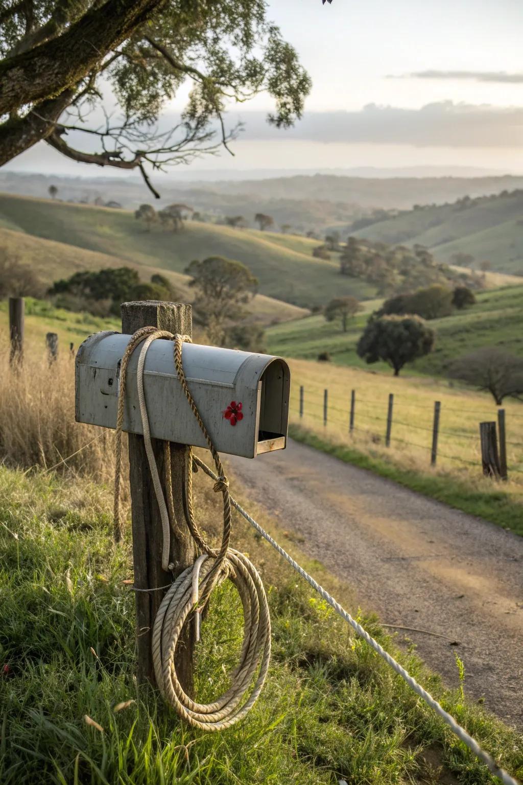Mailbox post wrapped with a traditional rope lasso.