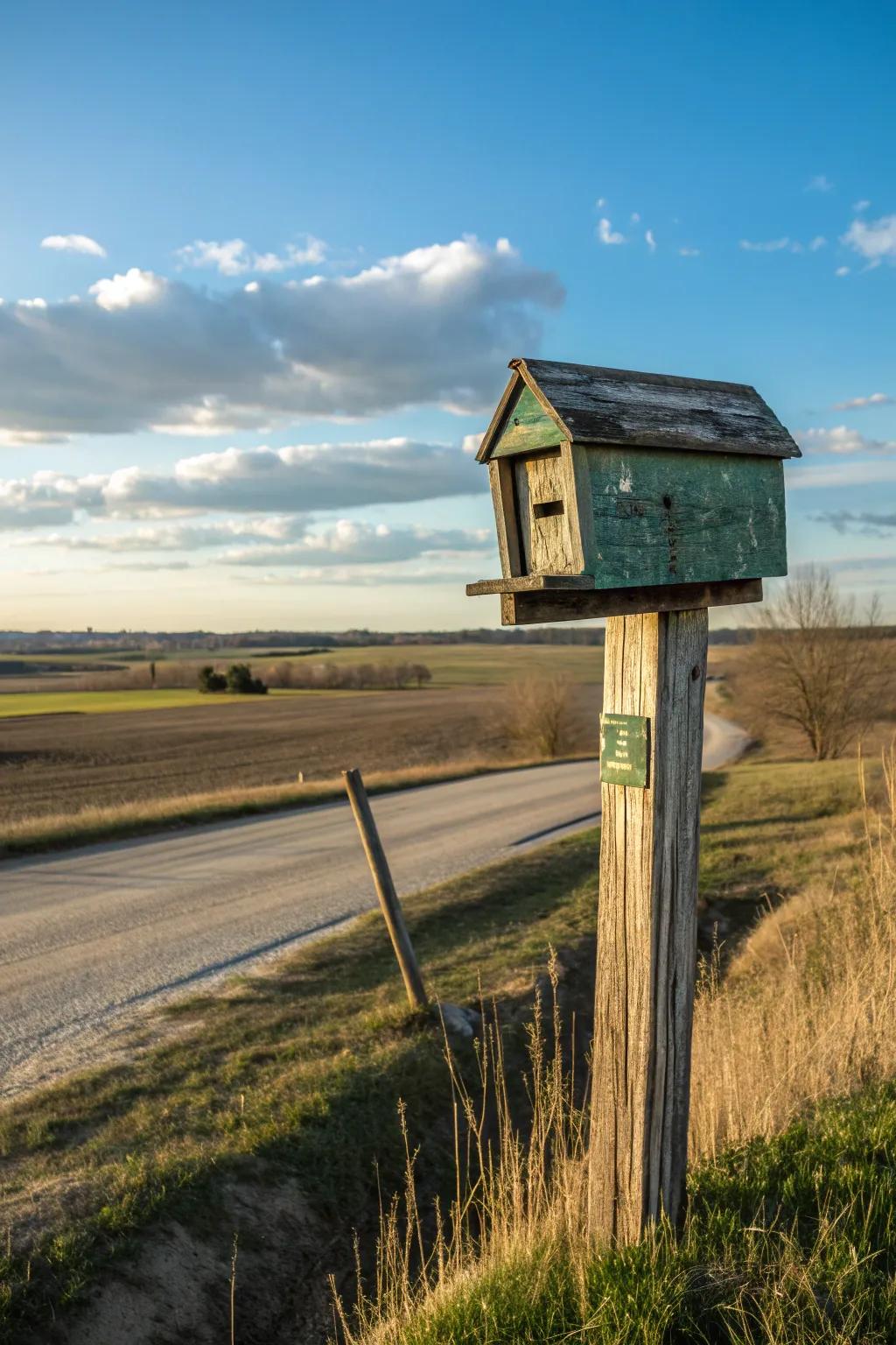 Mailbox on a rustic wooden post in a natural setting.