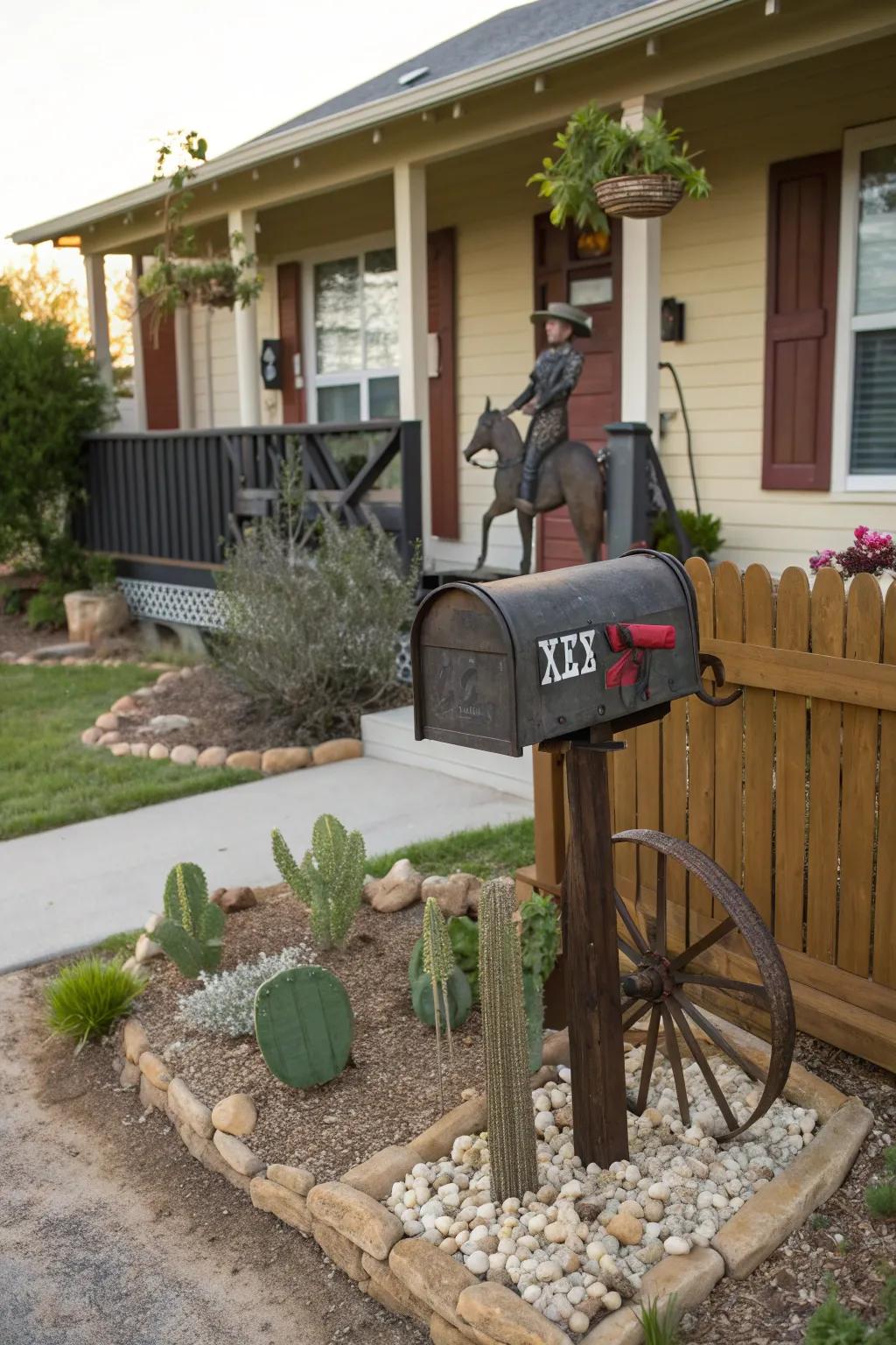 A whimsical mailbox supported by a metal cowboy sculpture.