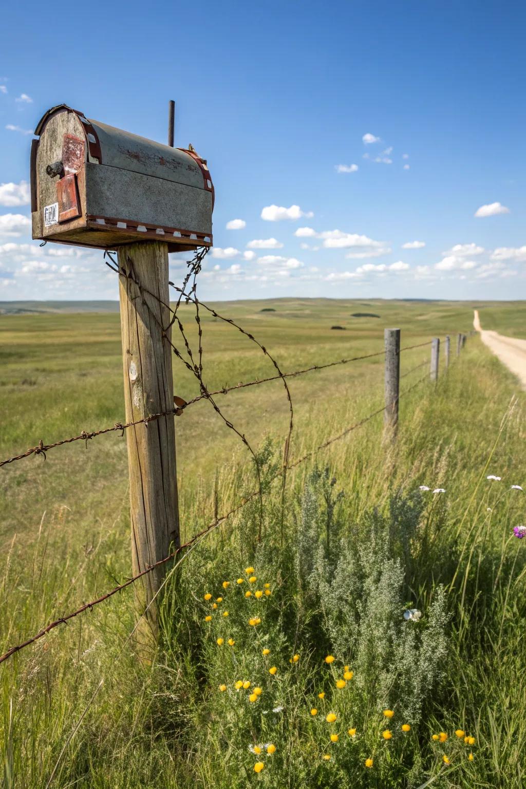 Mailbox post accented with rustic barbed wire.