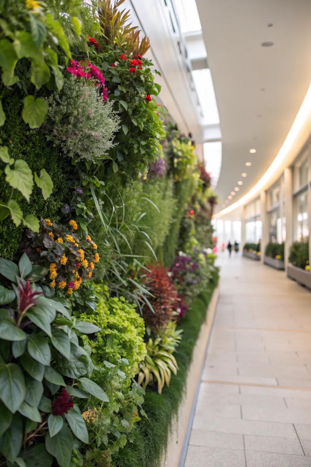 A vertical garden transforms a wall into a living masterpiece.