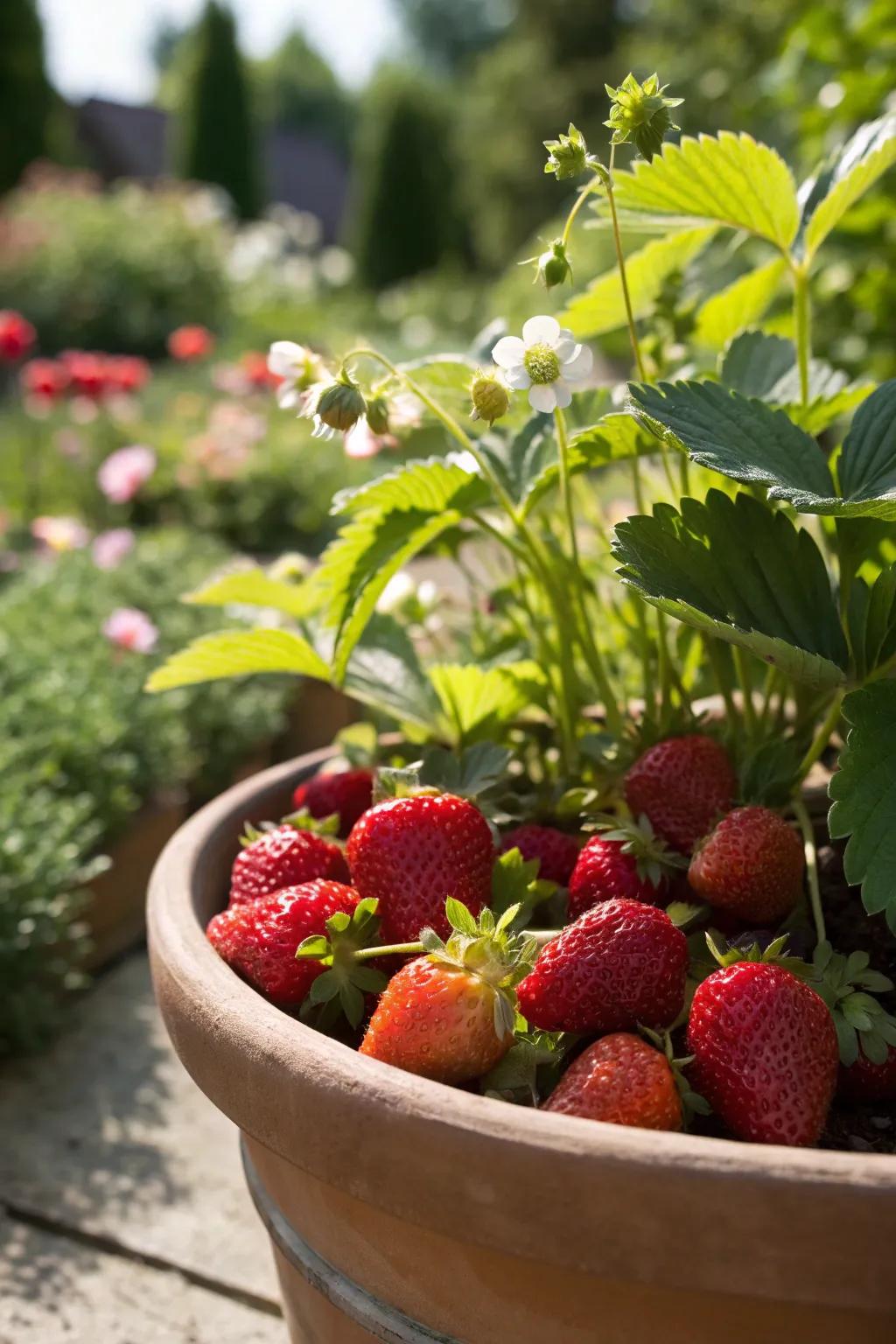 Juicy strawberries thriving in a shallow pot.