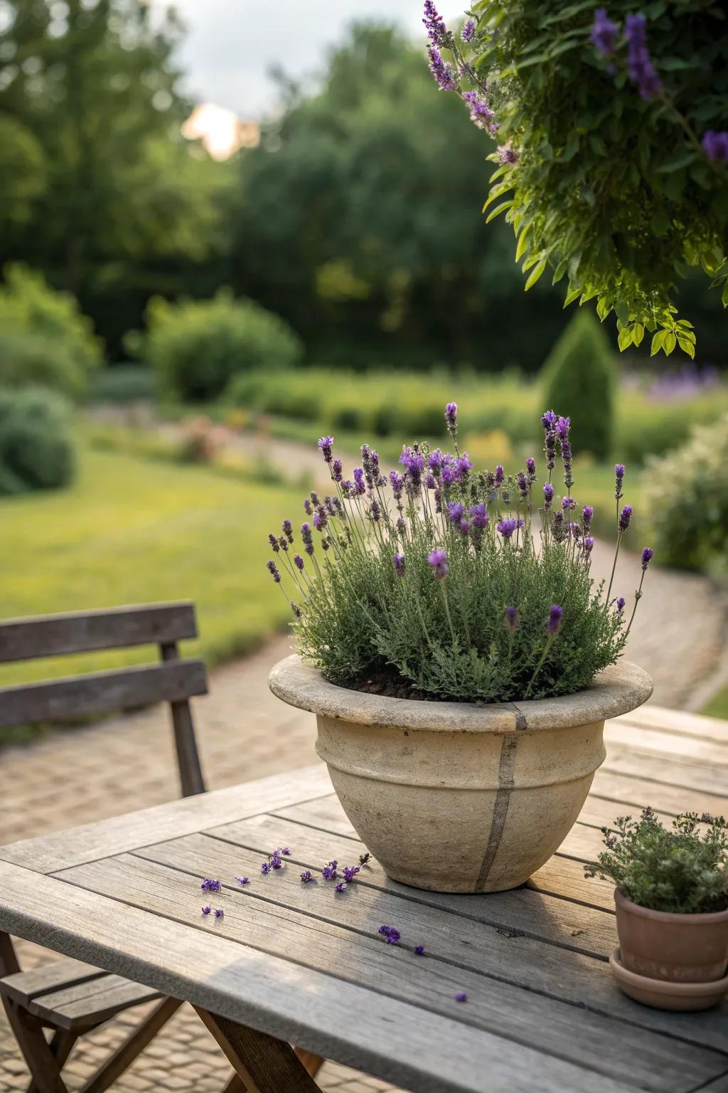 Lavender bringing elegance and fragrance to a shallow pot.