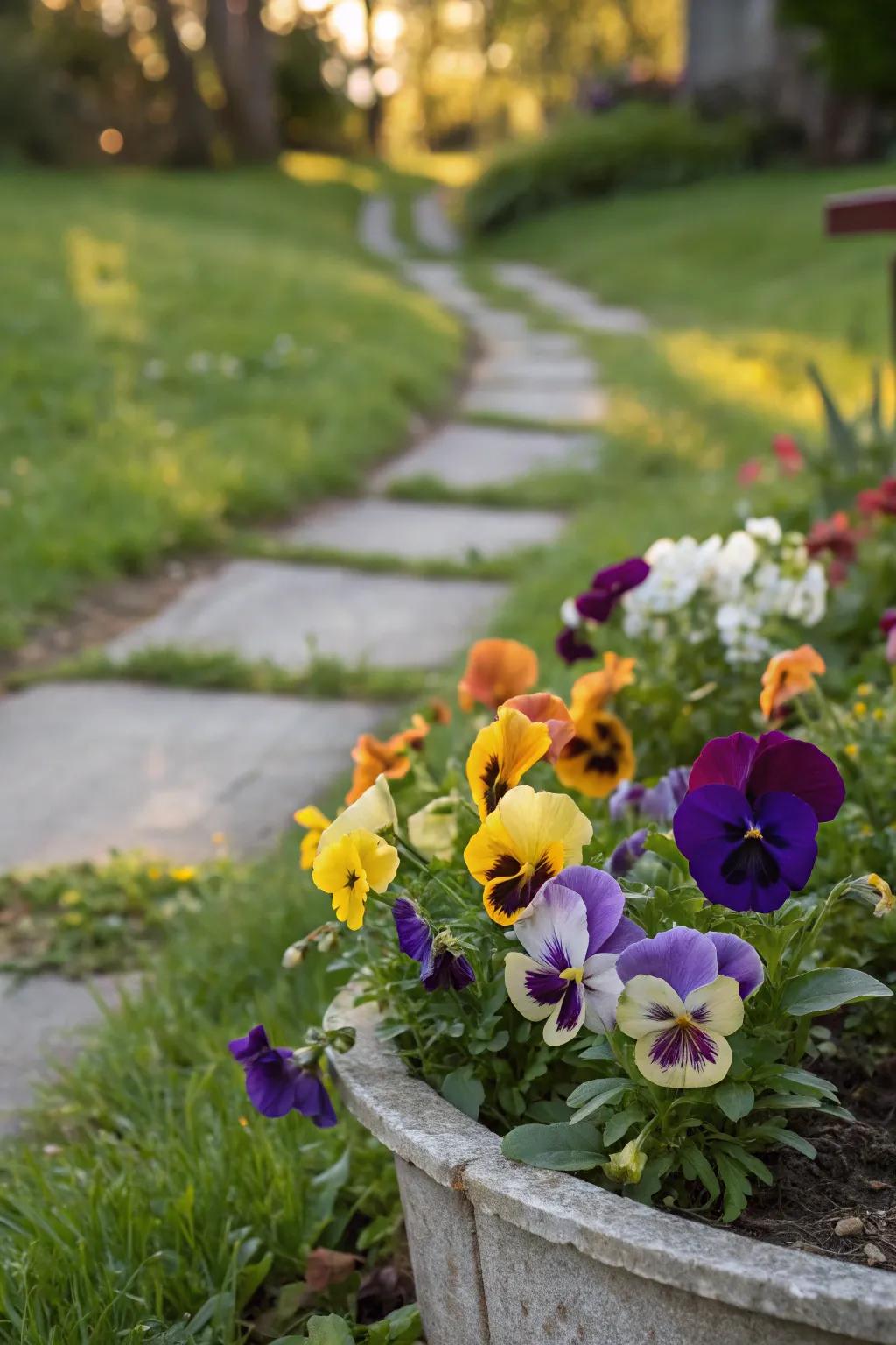 Pansies providing a cheerful burst of color in a shallow pot.