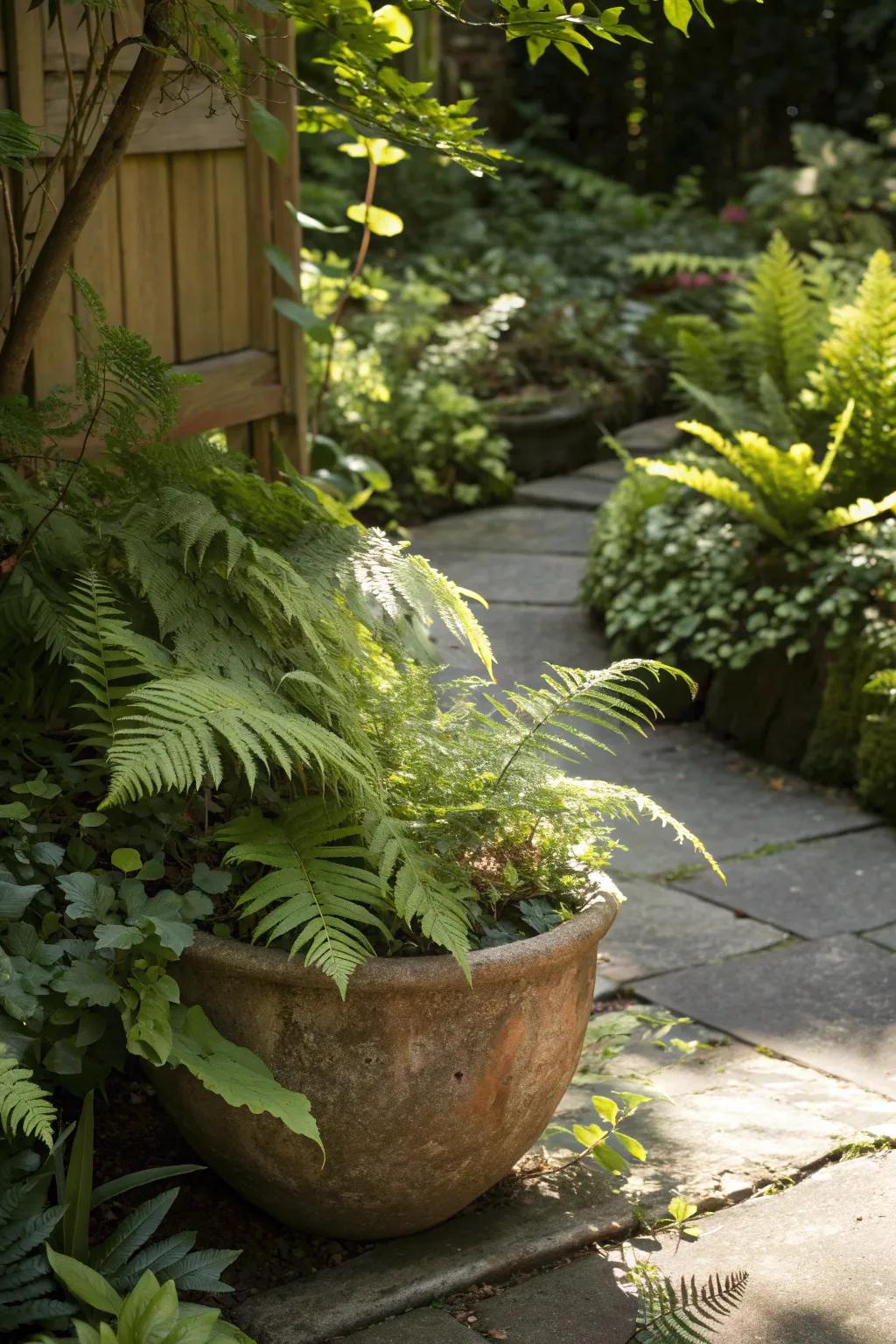Ferns creating a lush, green display in a shallow pot.