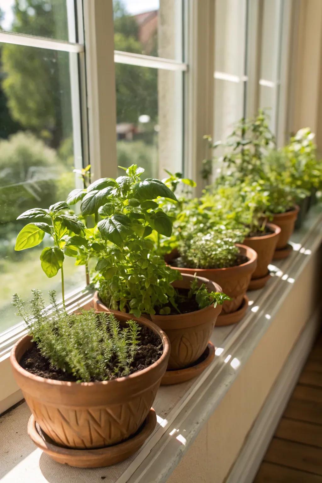 A convenient and aromatic herb garden in shallow pots.