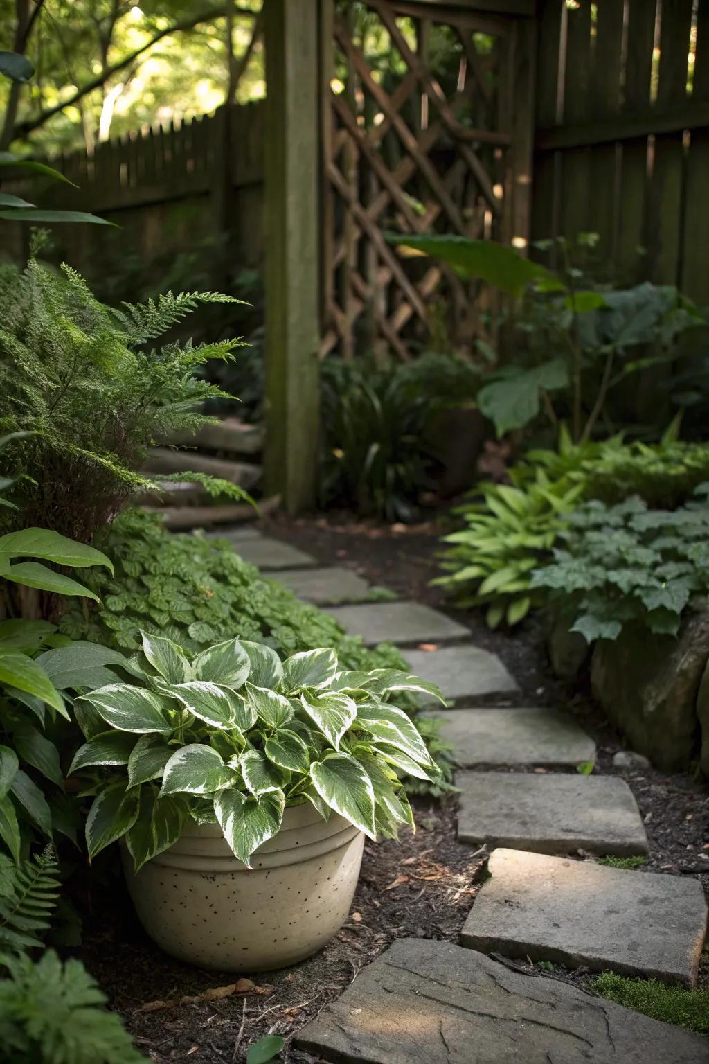 Miniature hostas adding charm and interest to a shallow pot.
