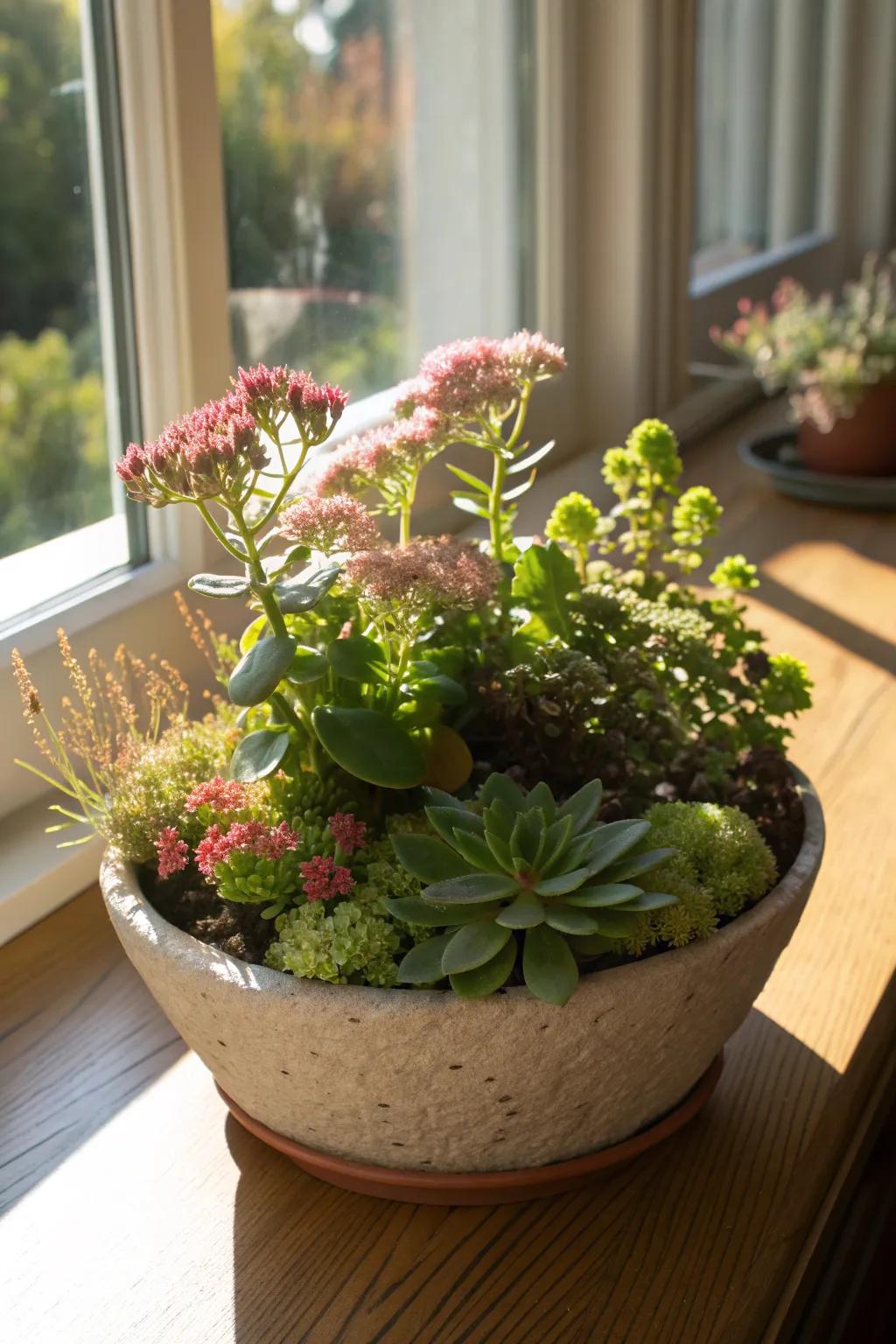 Sedum plants thriving with ease in a shallow pot.