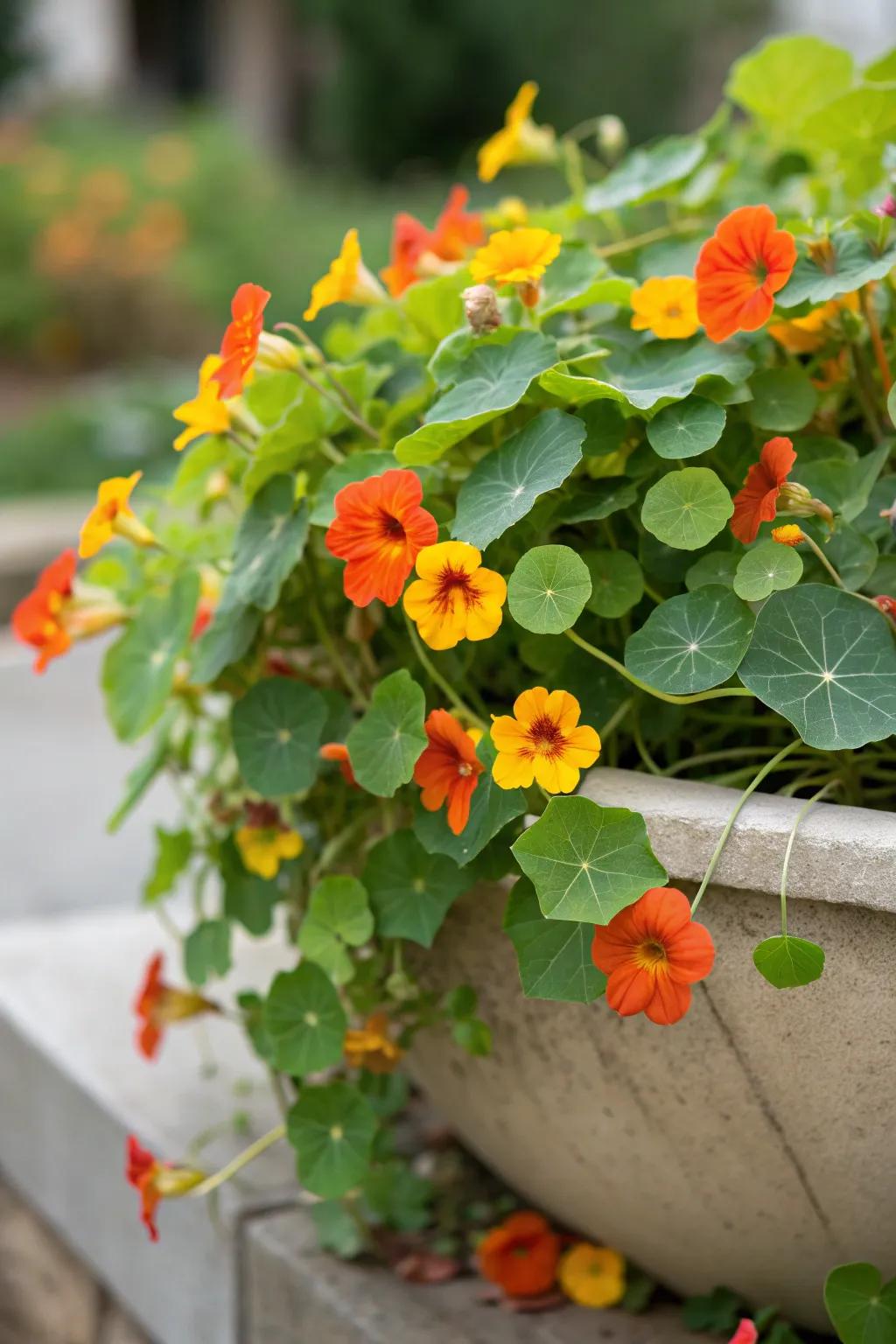 Nasturtiums spilling over a shallow pot for a dramatic effect.