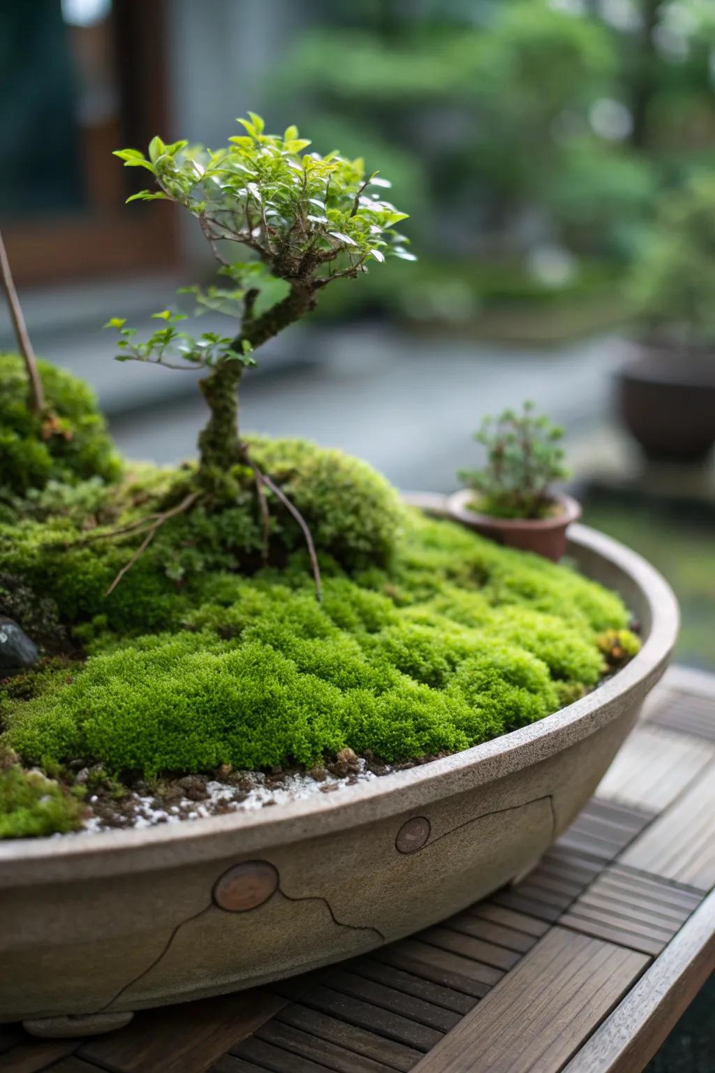 Moss creating a peaceful, green carpet in a shallow pot.