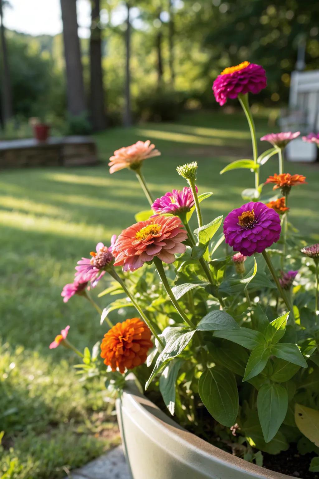 Zinnias adding vibrant splendor to a shallow pot.