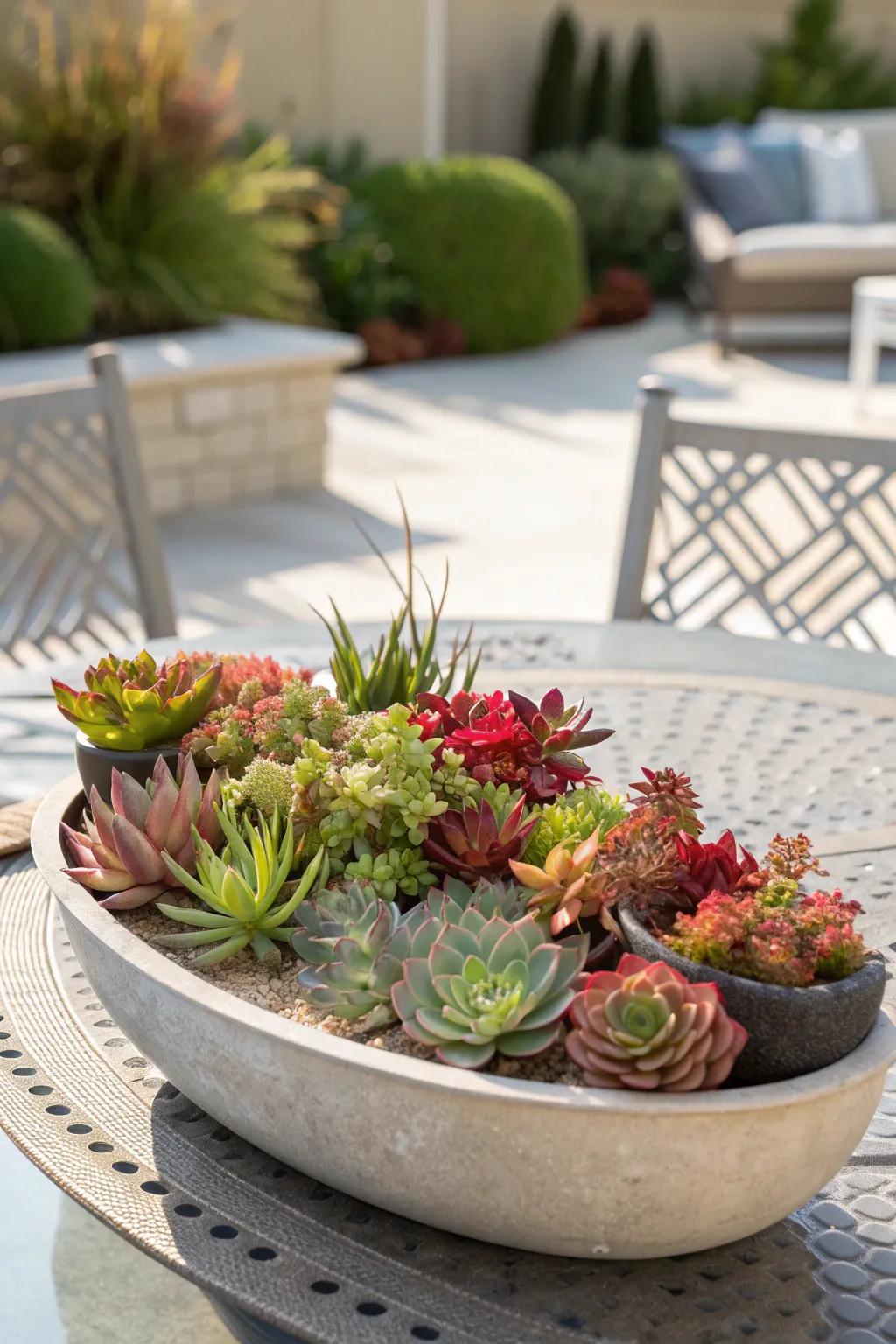 A stunning mix of succulents thriving in a shallow pot.