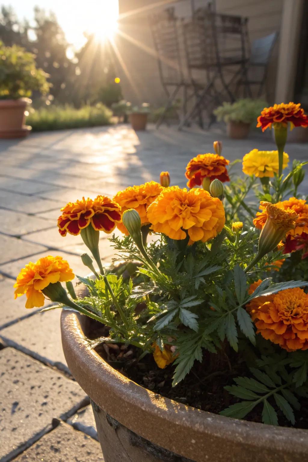 Marigolds brightening up a shallow pot with their sunny hues.