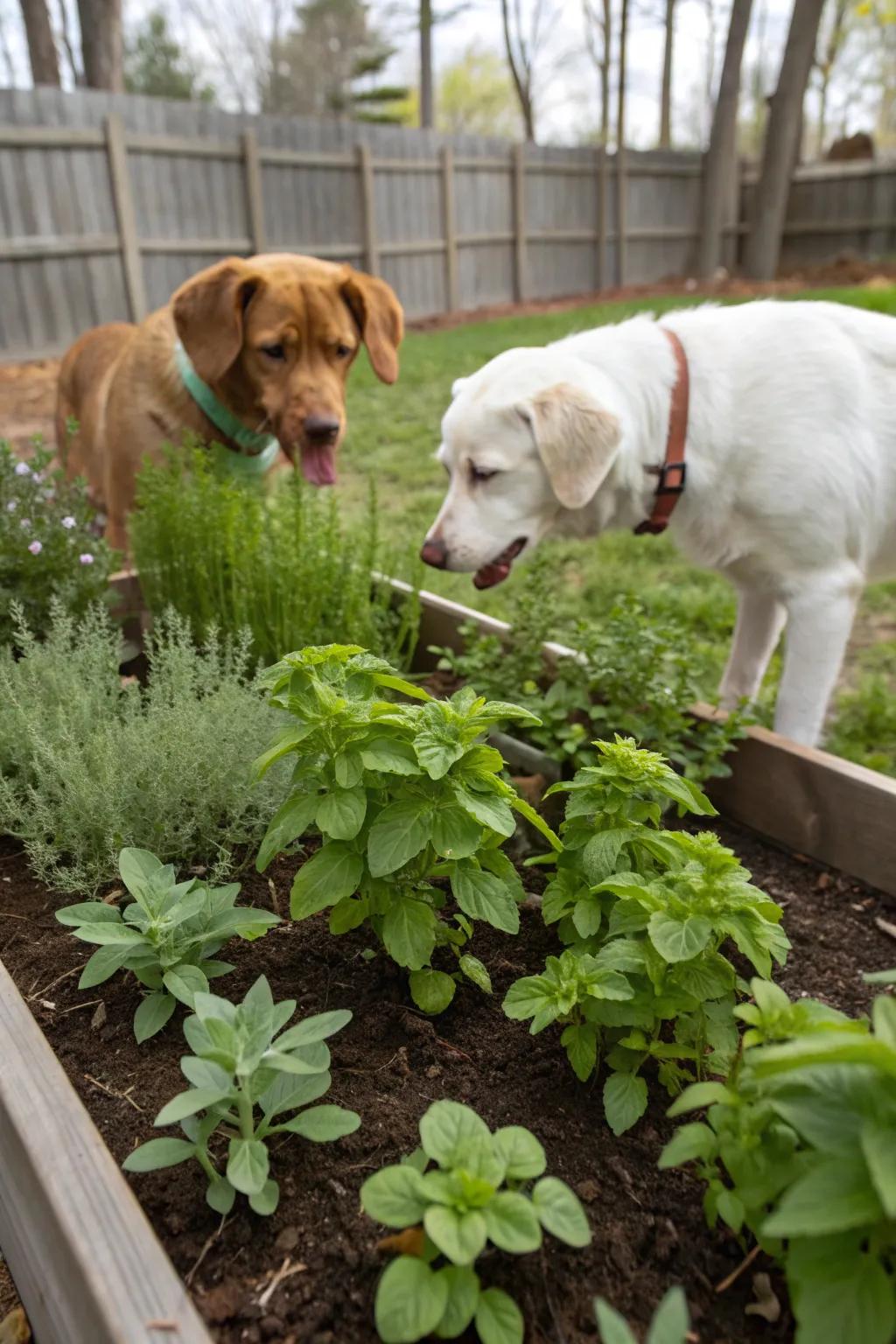 Herb gardens offer delightful scents and safe snacking for dogs.