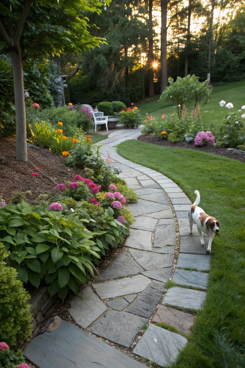 Winding paths offer visual appeal and a guided journey for your pup.