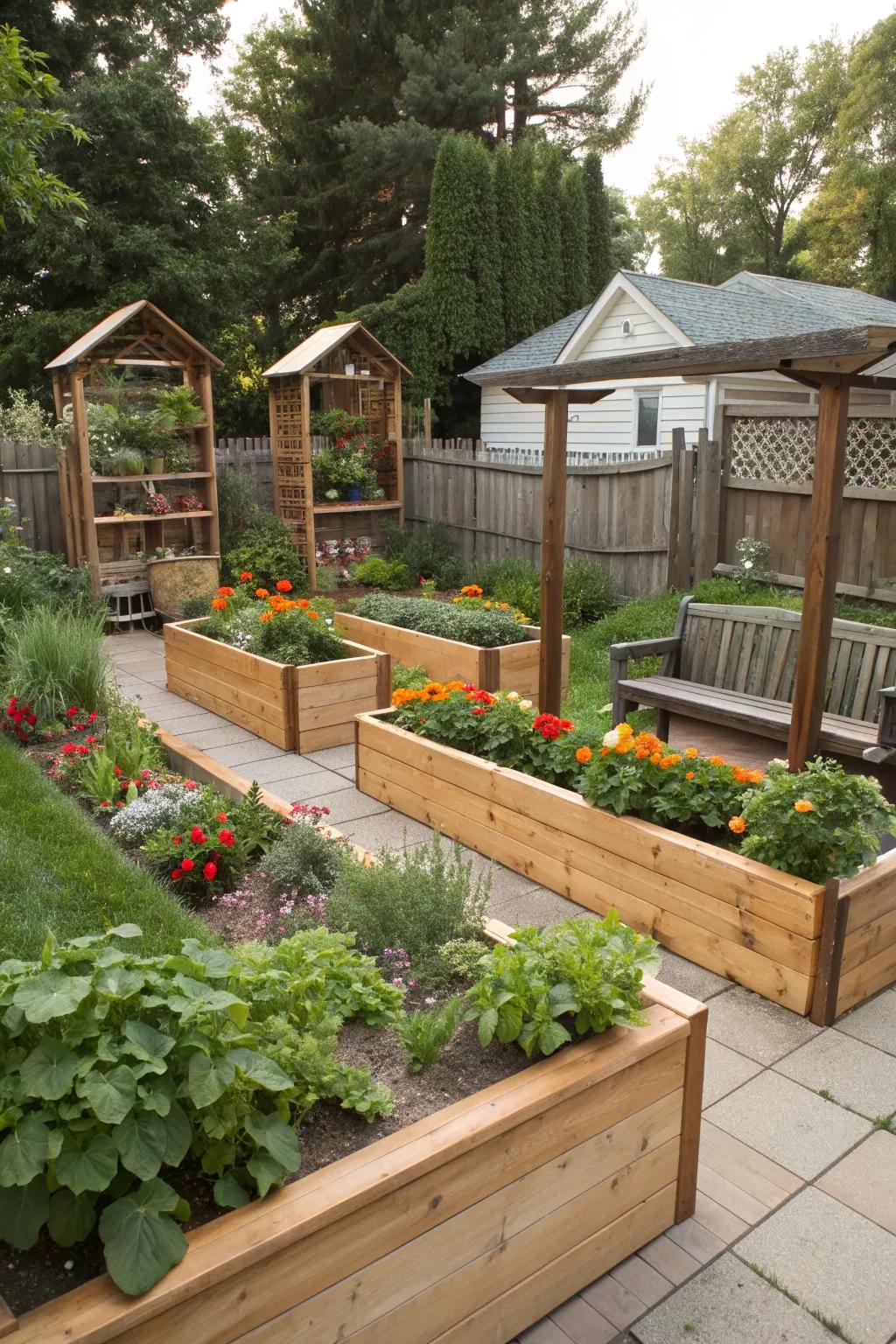 Raised beds serve dual purposes, enhancing function and style.