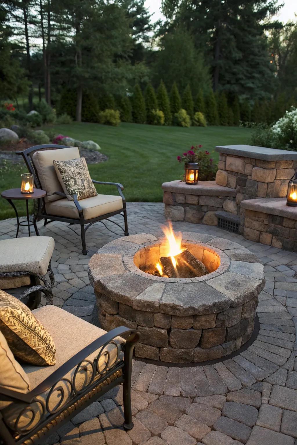 Gather around a rustic stone fire pit for warmth and ambiance.