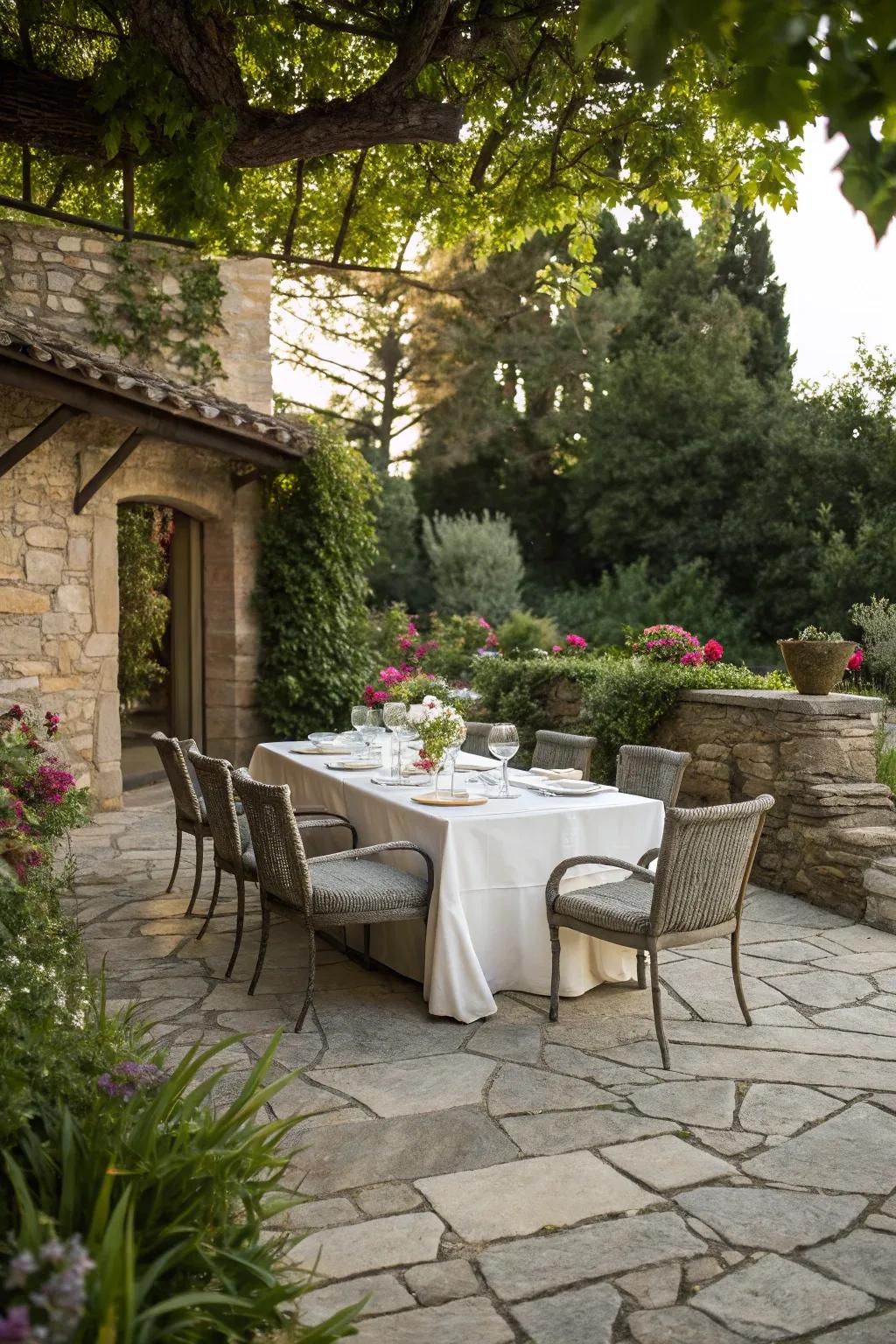 Enjoy outdoor meals in style with a stone dining area.