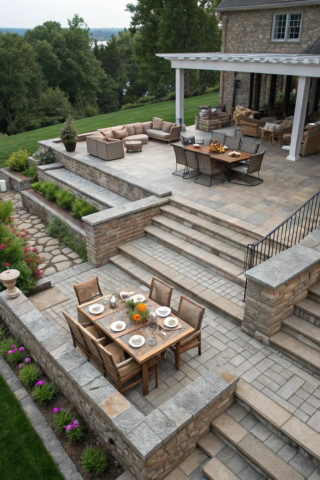 Define spaces with a multi-level patio design.