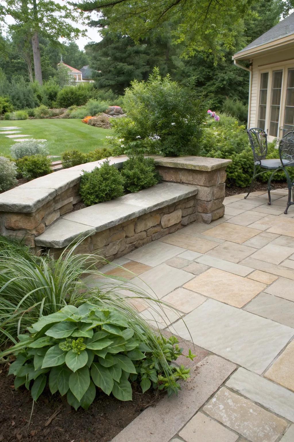 Combine seating and style with stone benches.