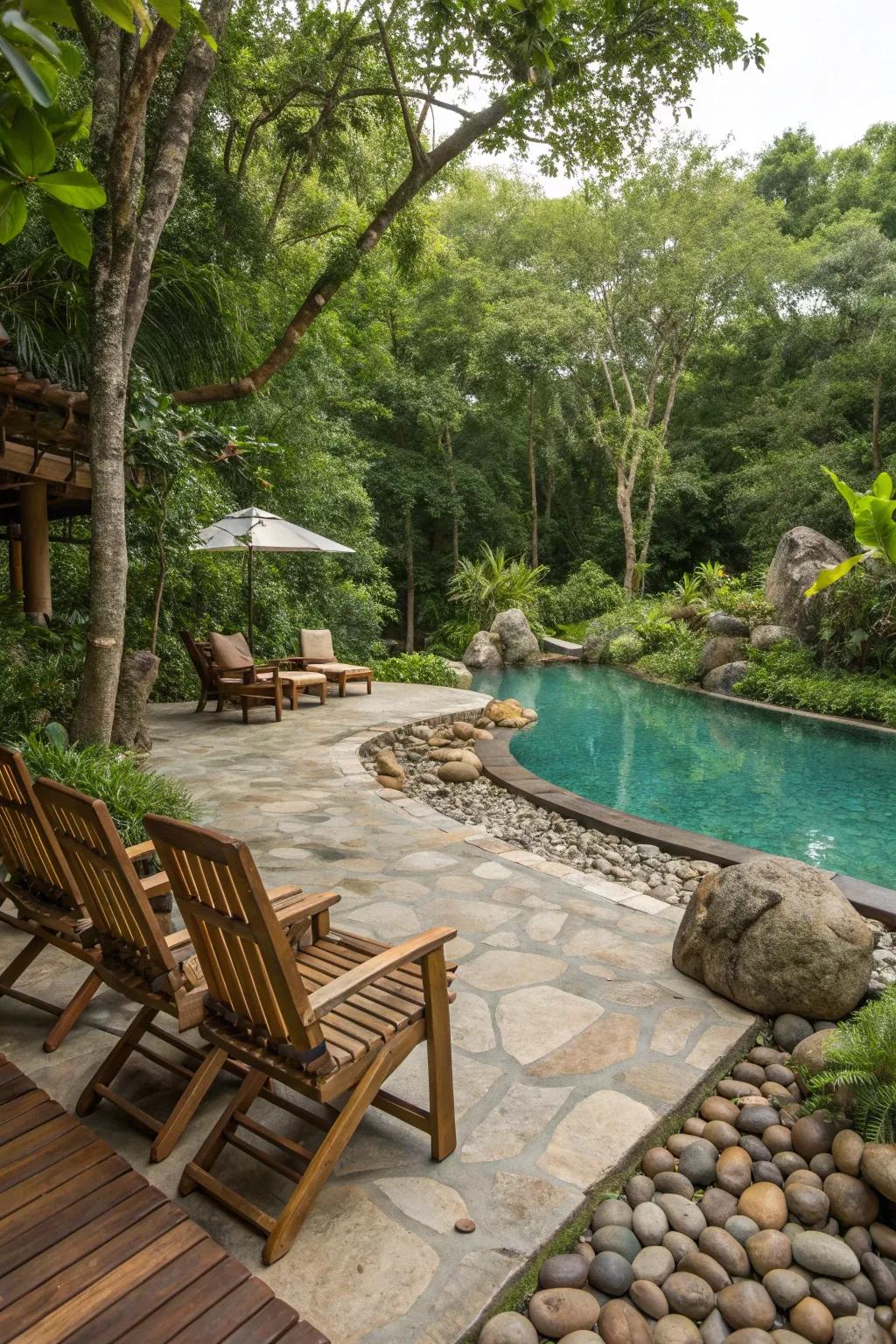 Blend your pool area with nature using wood and stone elements.