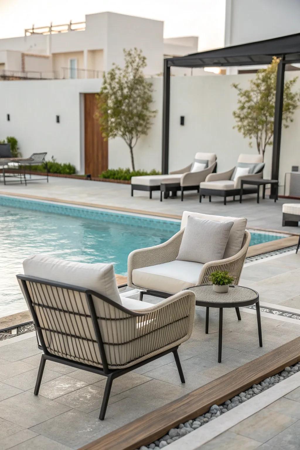 Achieve a chic, modern vibe with minimalist poolside seating.