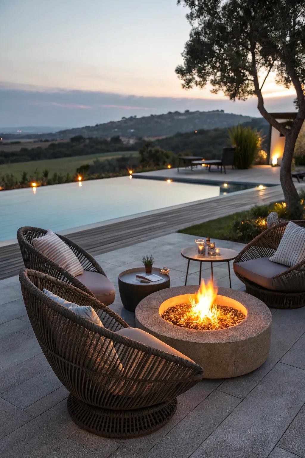 Warm up your poolside with a fire pit for cozy evening gatherings.