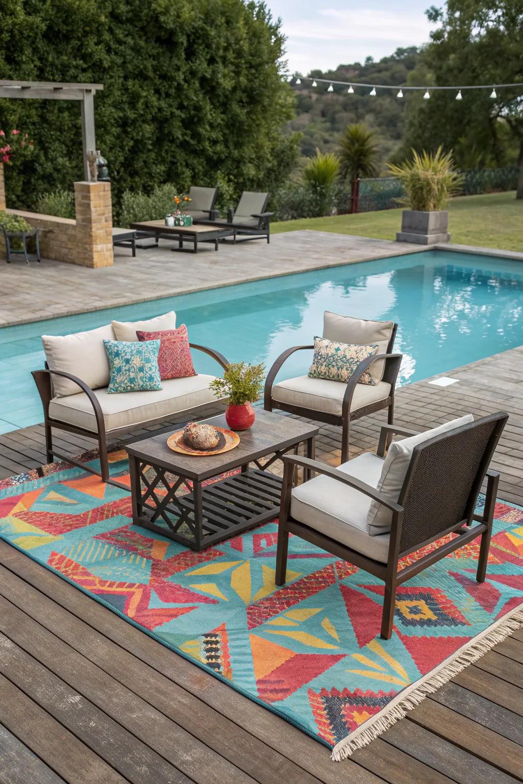 Define your poolside spaces with vibrant outdoor rugs.