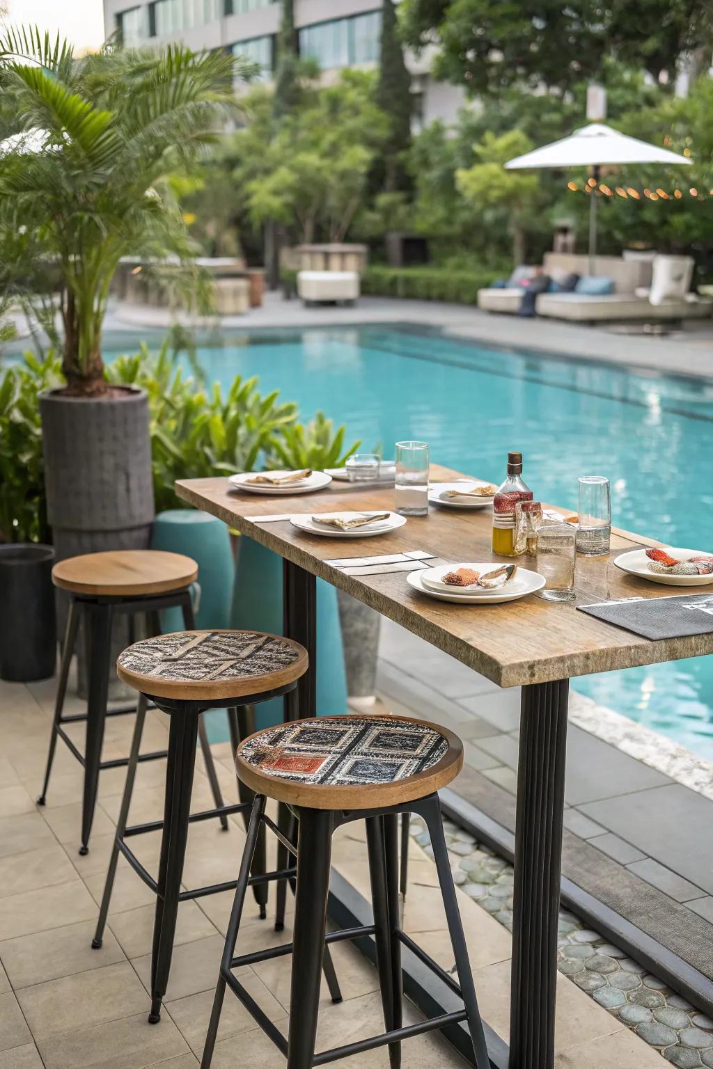 Enjoy casual poolside dining with a stylish bar table and chairs.