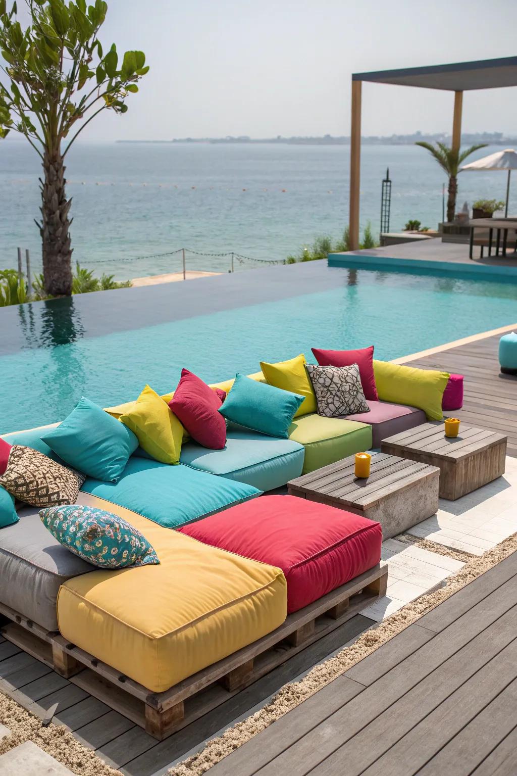 Enjoy versatility with multi-functional sectional furniture by the pool.
