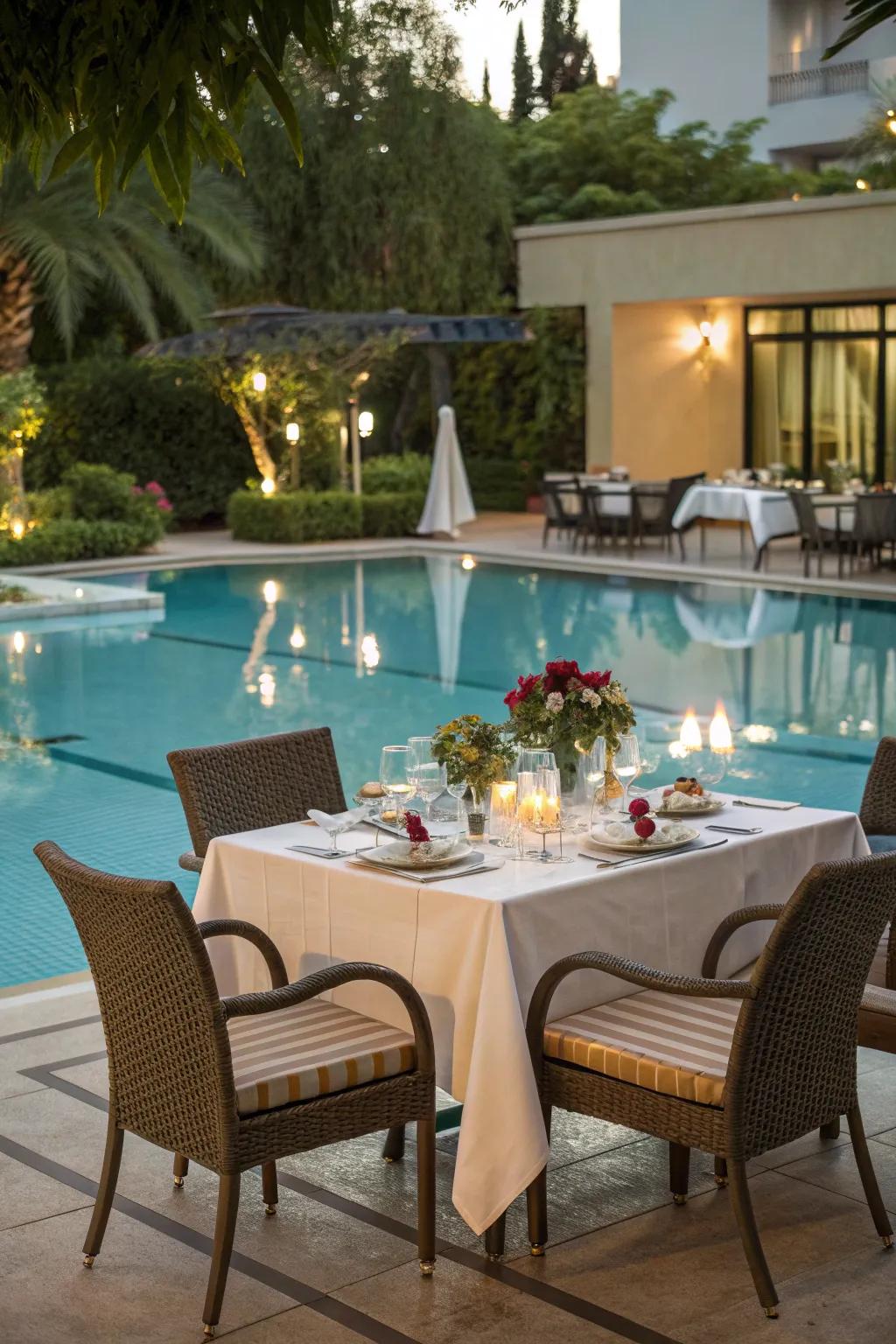 Dine under the sun with a poolside dining setup that's perfect for gatherings.