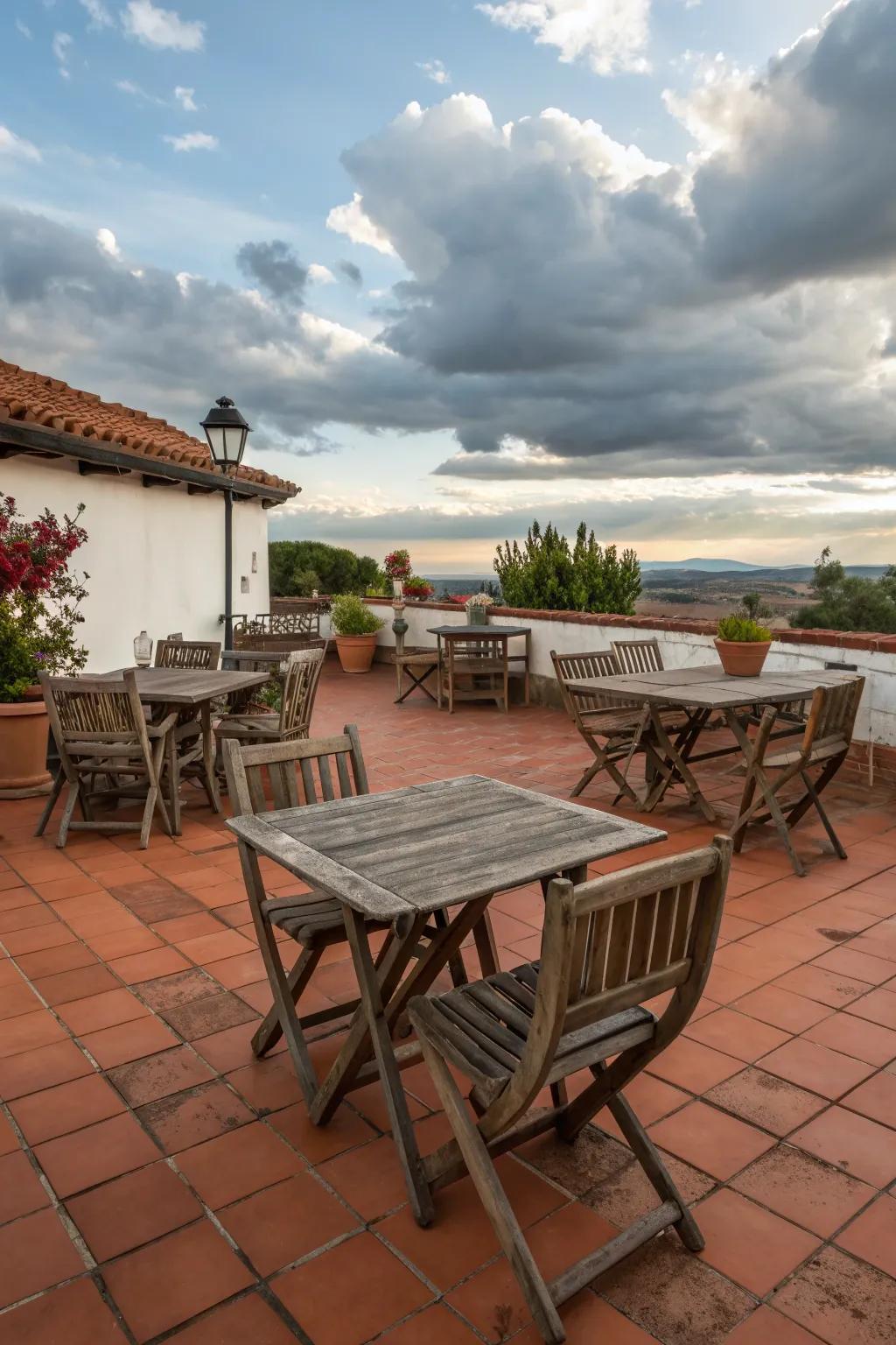 Warm terracotta tiles set the stage for a classic Spanish backyard.