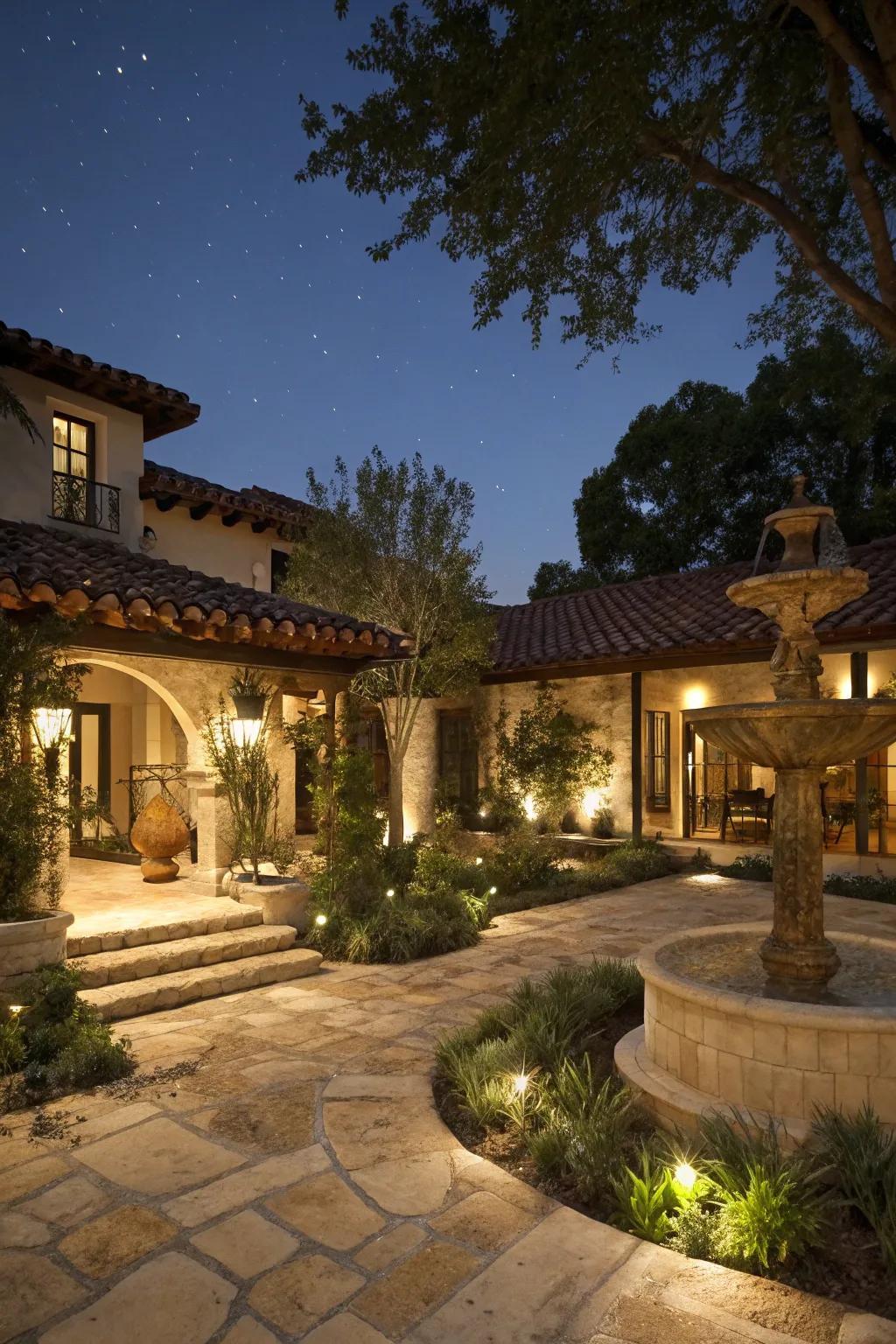 Creative lighting transforms the garden in the evening.