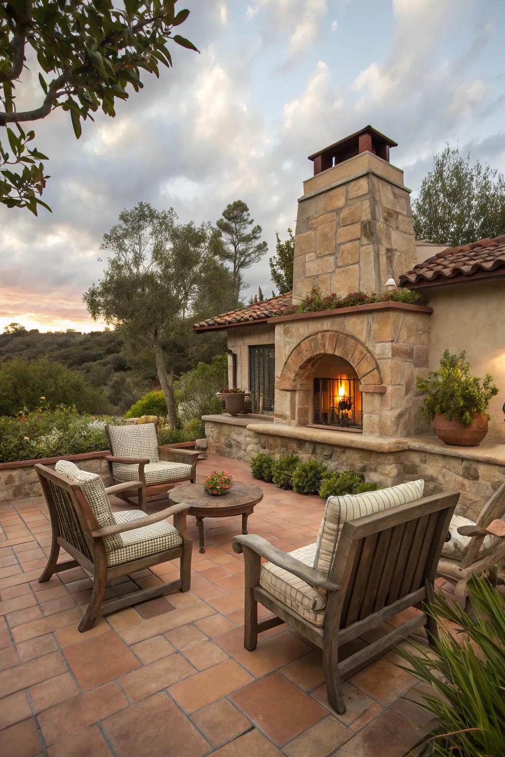 A rustic fireplace provides warmth and serves as a centerpiece.