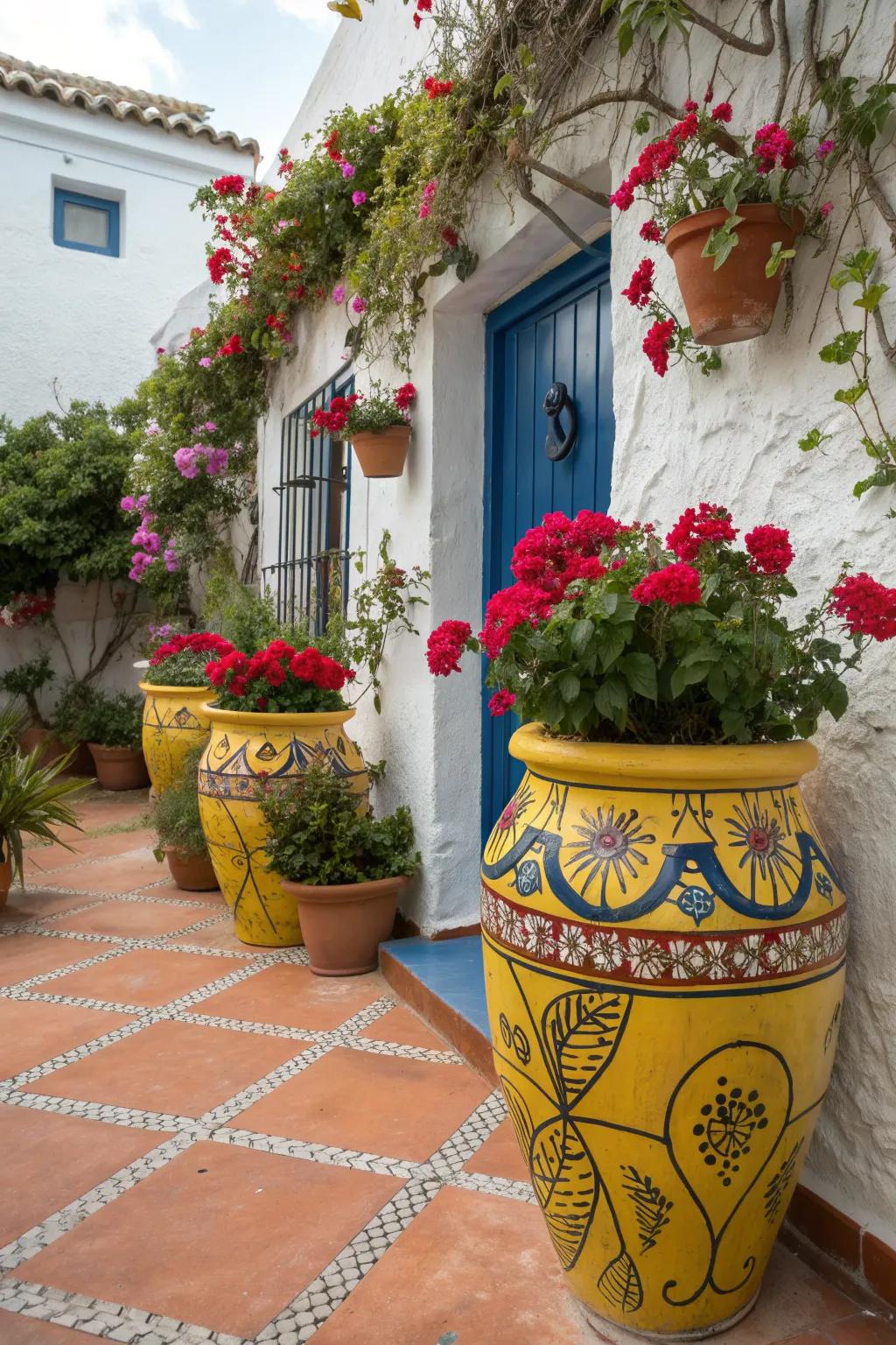 Ceramic pots add visual interest and color.
