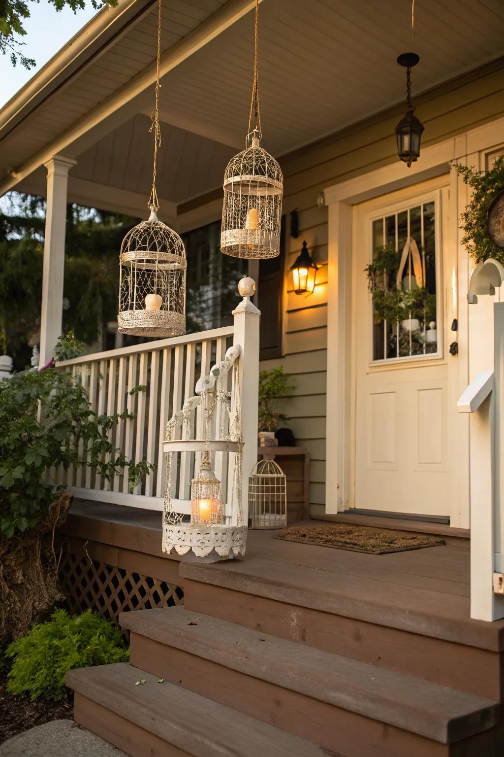 Whimsical birdcages add charm and character to this porch.