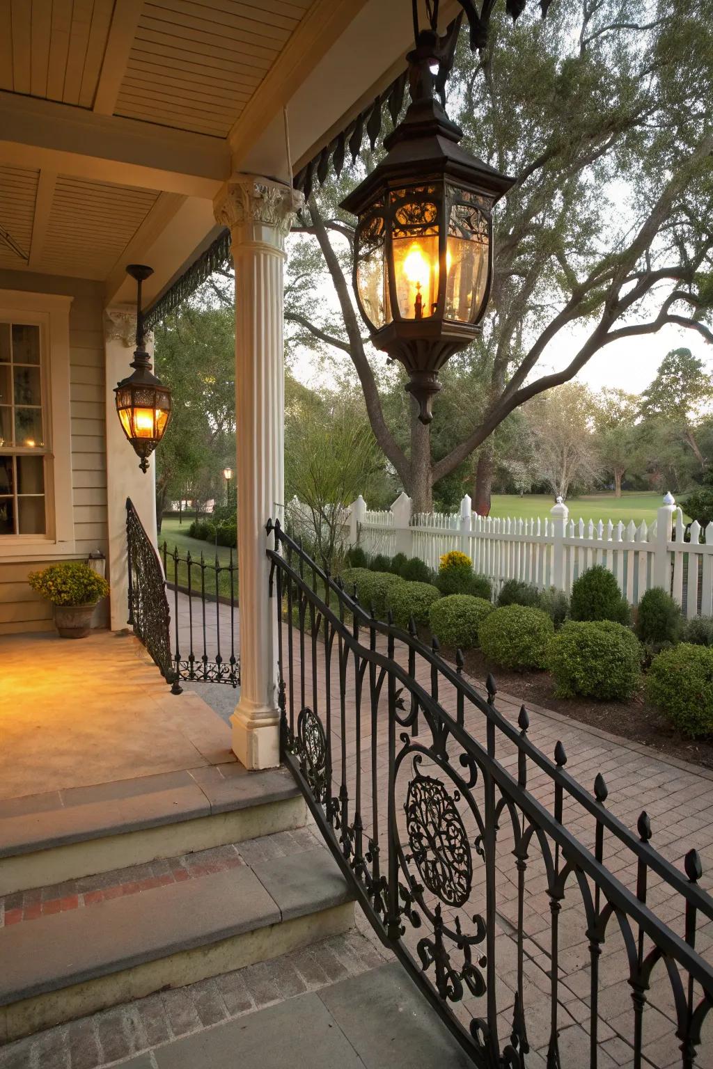 Classic iron railings add elegance and durability to this porch.