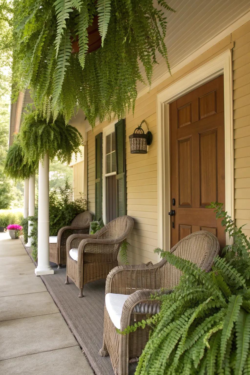 Hanging ferns add lush greenery and charm to this porch.