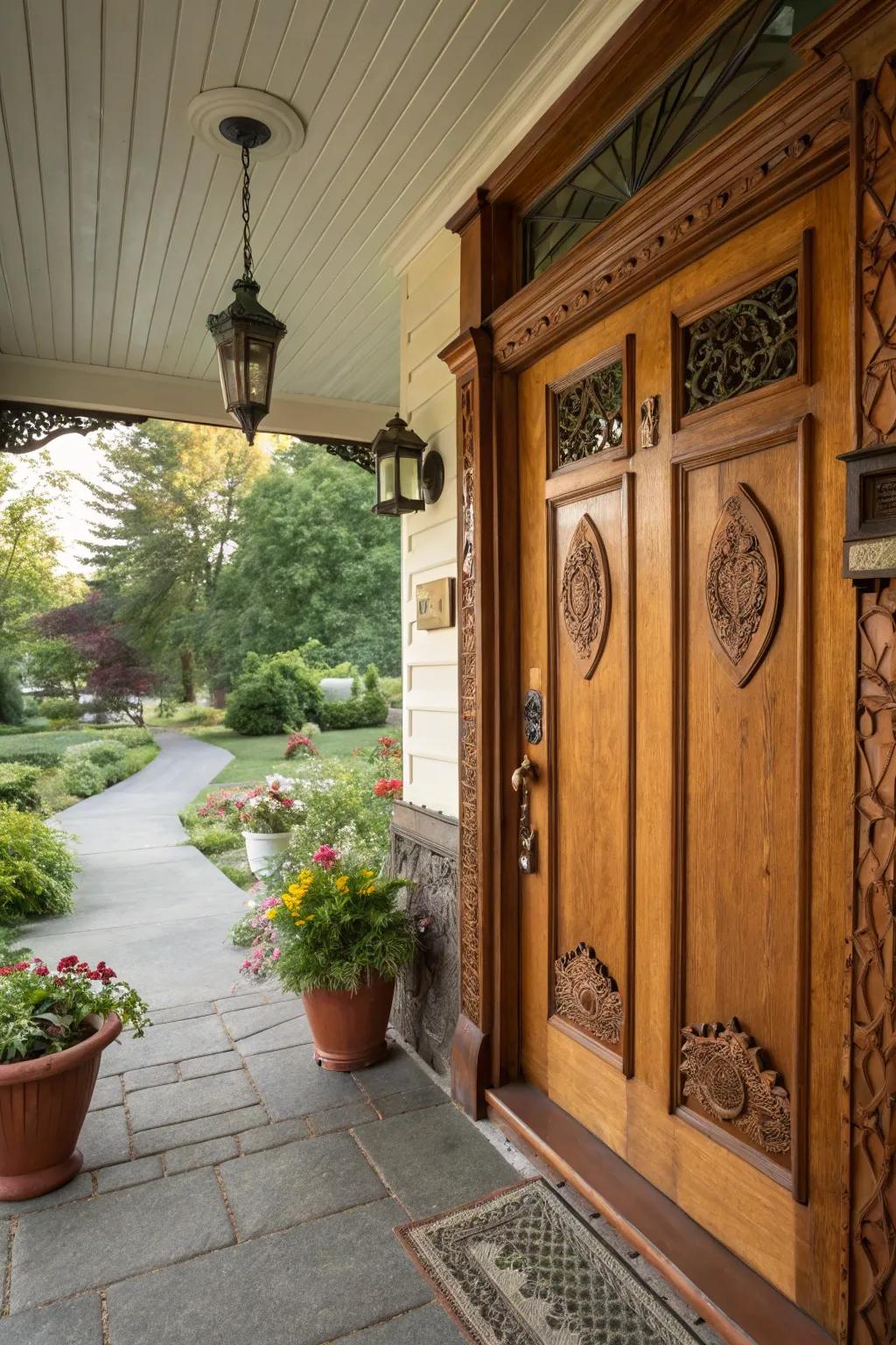A wooden door adds warmth and character to this porch.