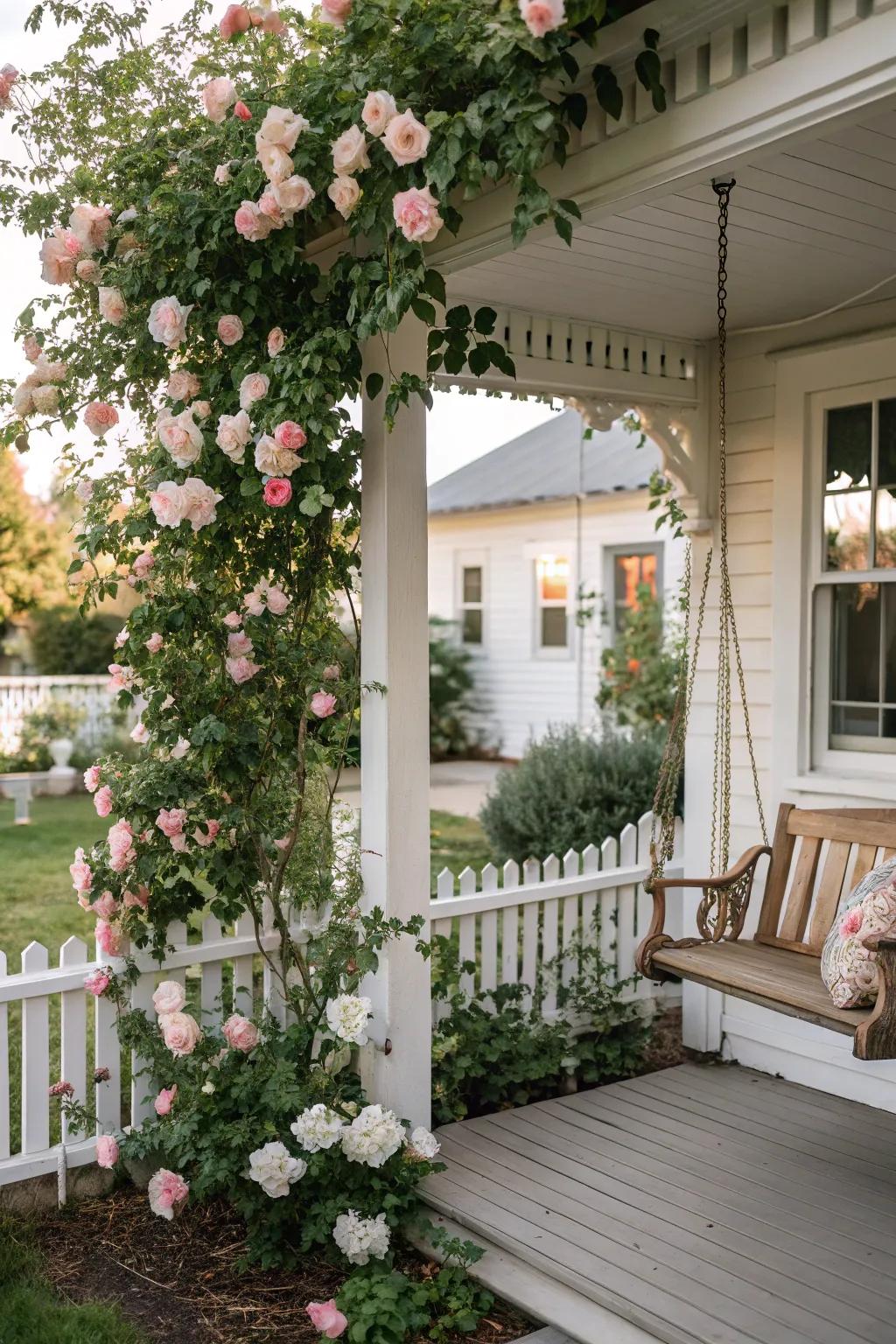 Climbing roses create a picturesque and romantic porch entrance.