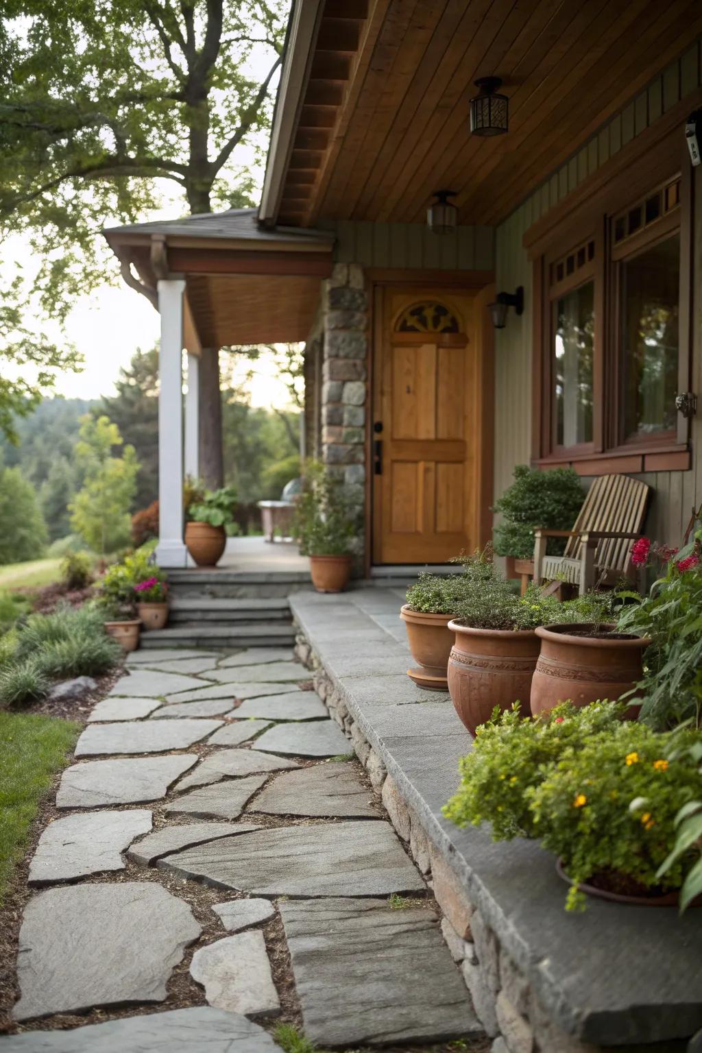 Stone pathways create an elegant approach to this porch.