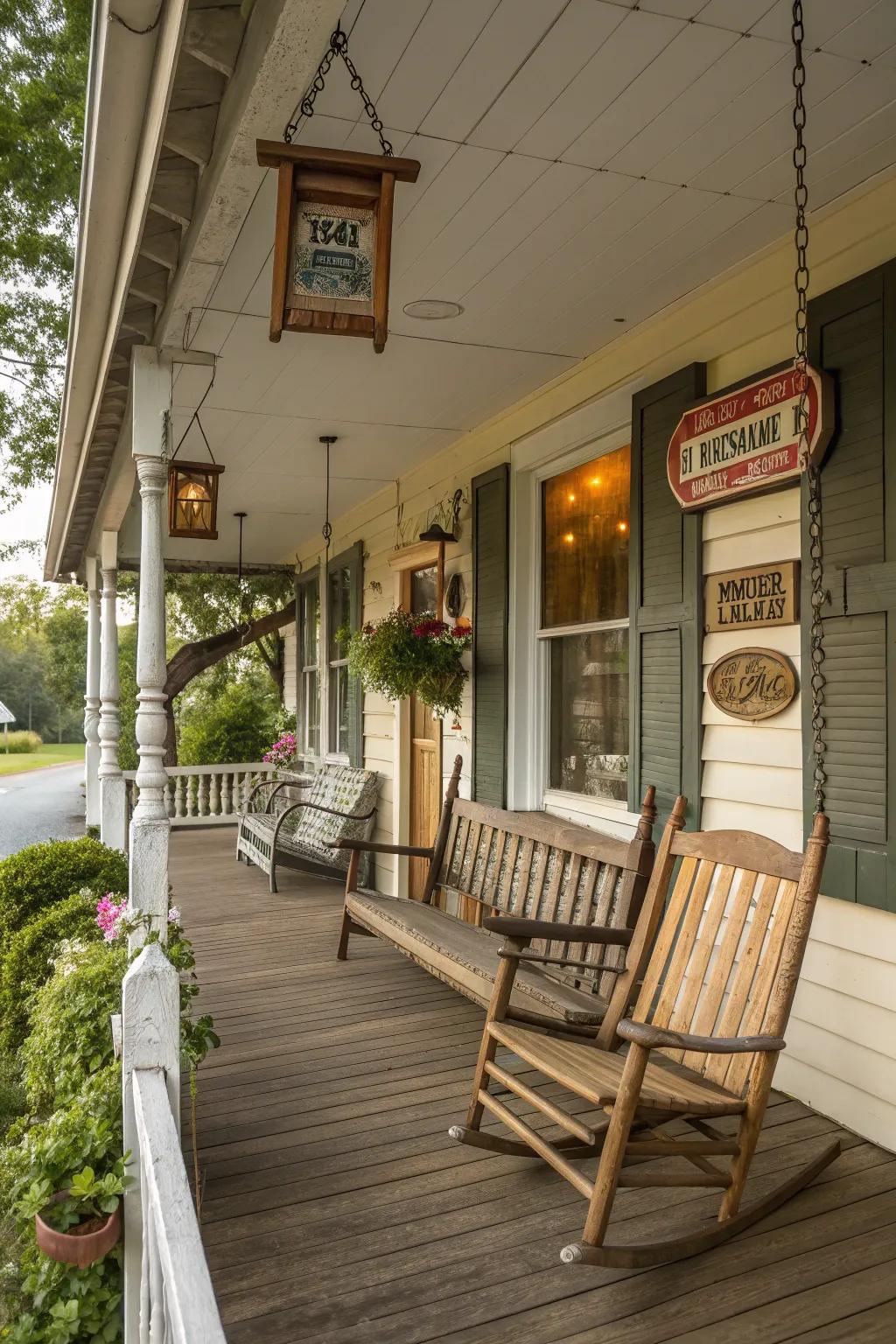Vintage accents add nostalgic charm to this porch.