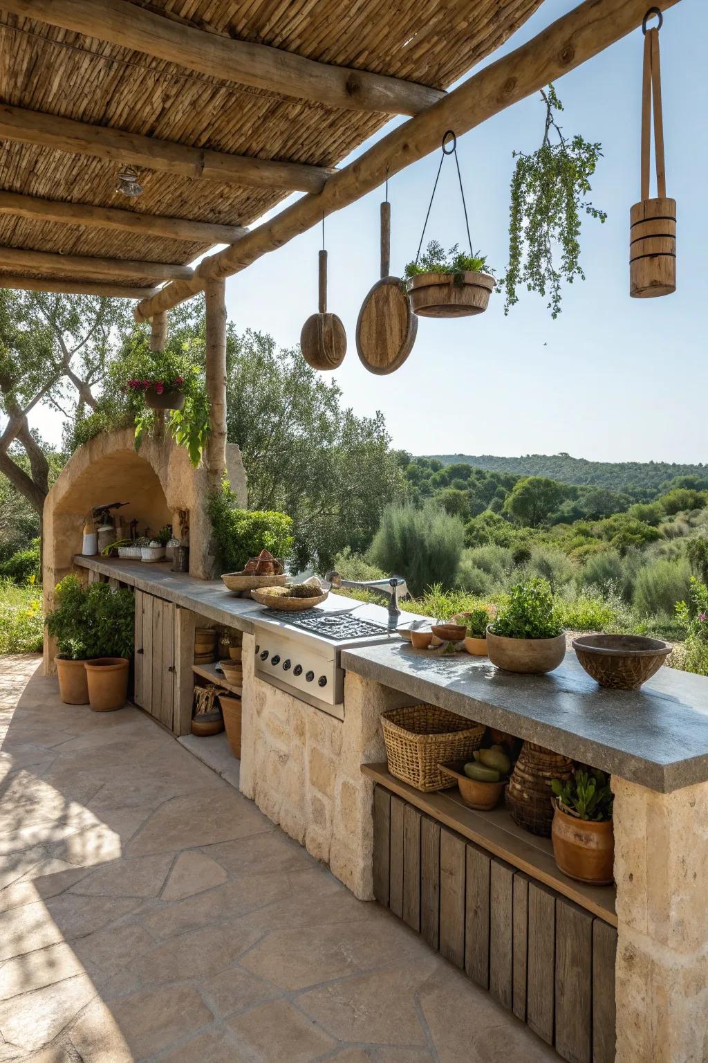 Rustic countertops with rough textures bring the essence of nature to your outdoor kitchen.