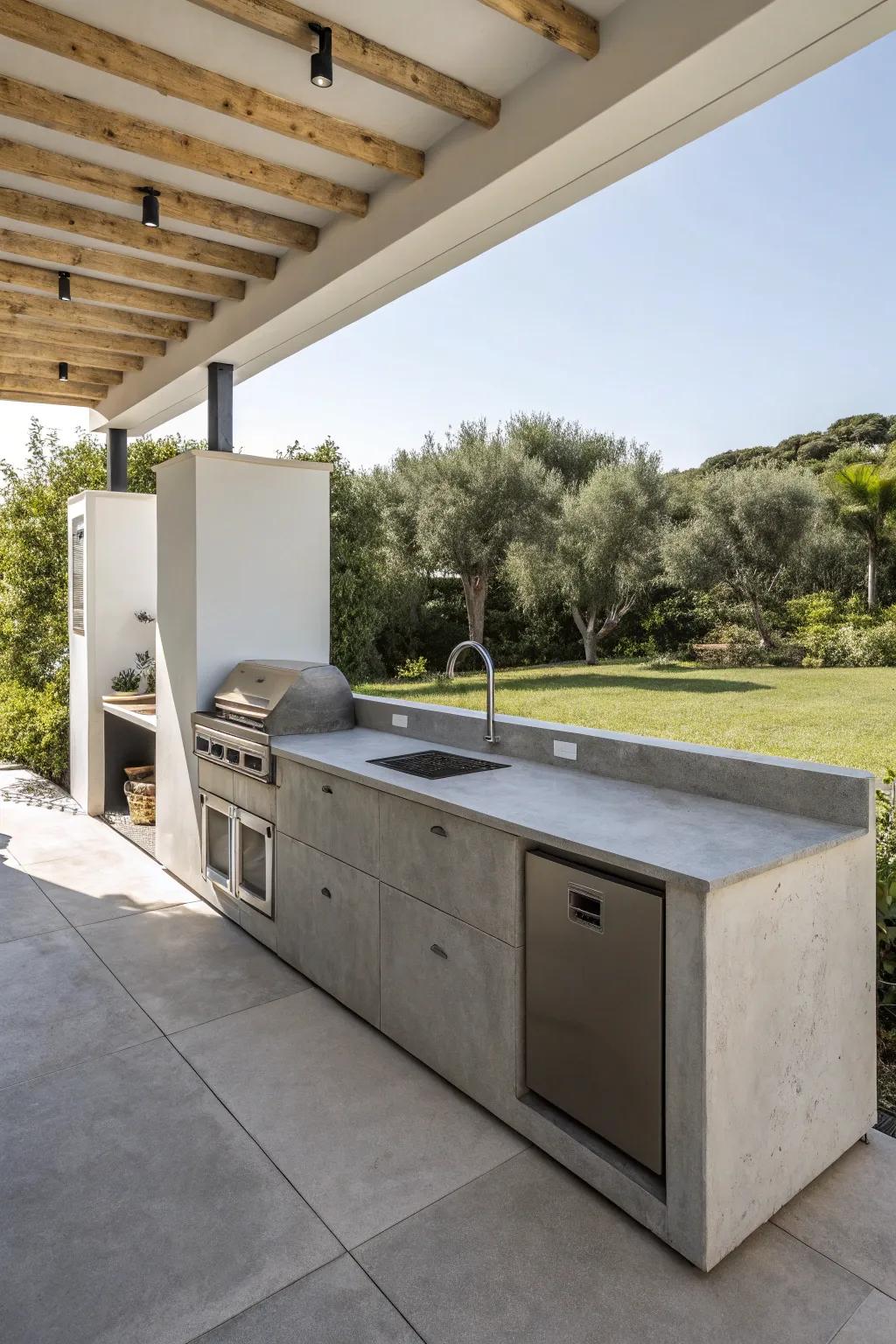 Concrete countertops provide a modern and customizable option for your outdoor kitchen.