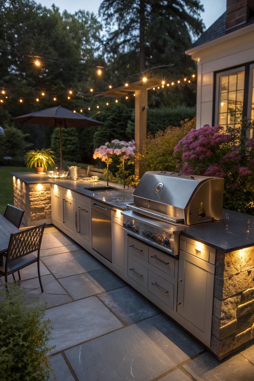 Soapstone countertops provide warmth and resilience for your outdoor kitchen.