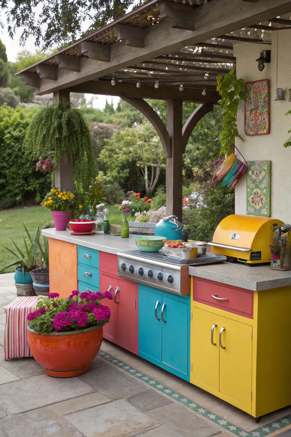 Colorful countertops bring vibrancy and personality to your outdoor kitchen.